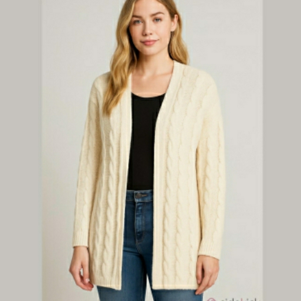 Bloomingdale's 100% Wool Knit Long-Sleeve Cream Open Long Cardigan Size Large